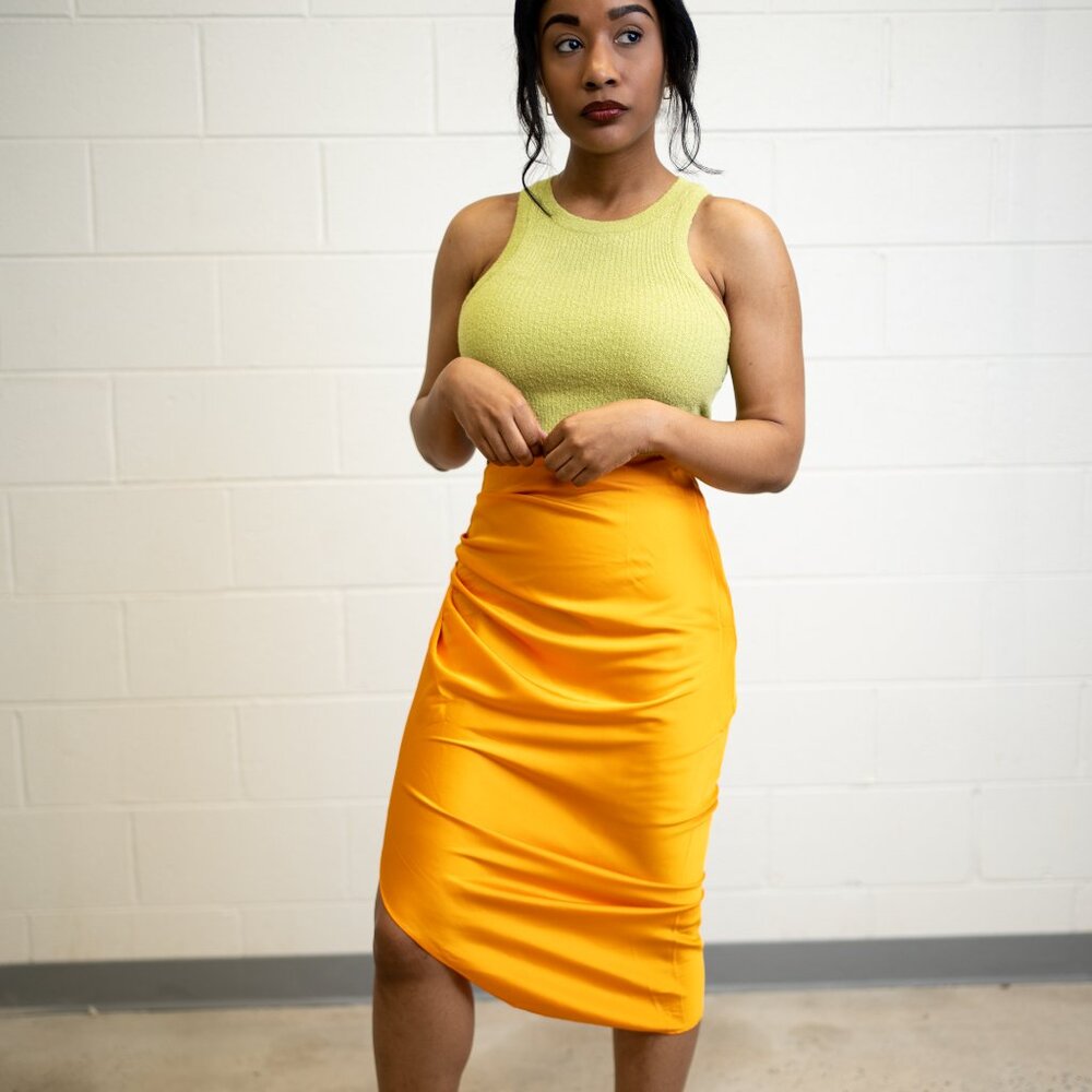 Satin Ruched Midi Skirt